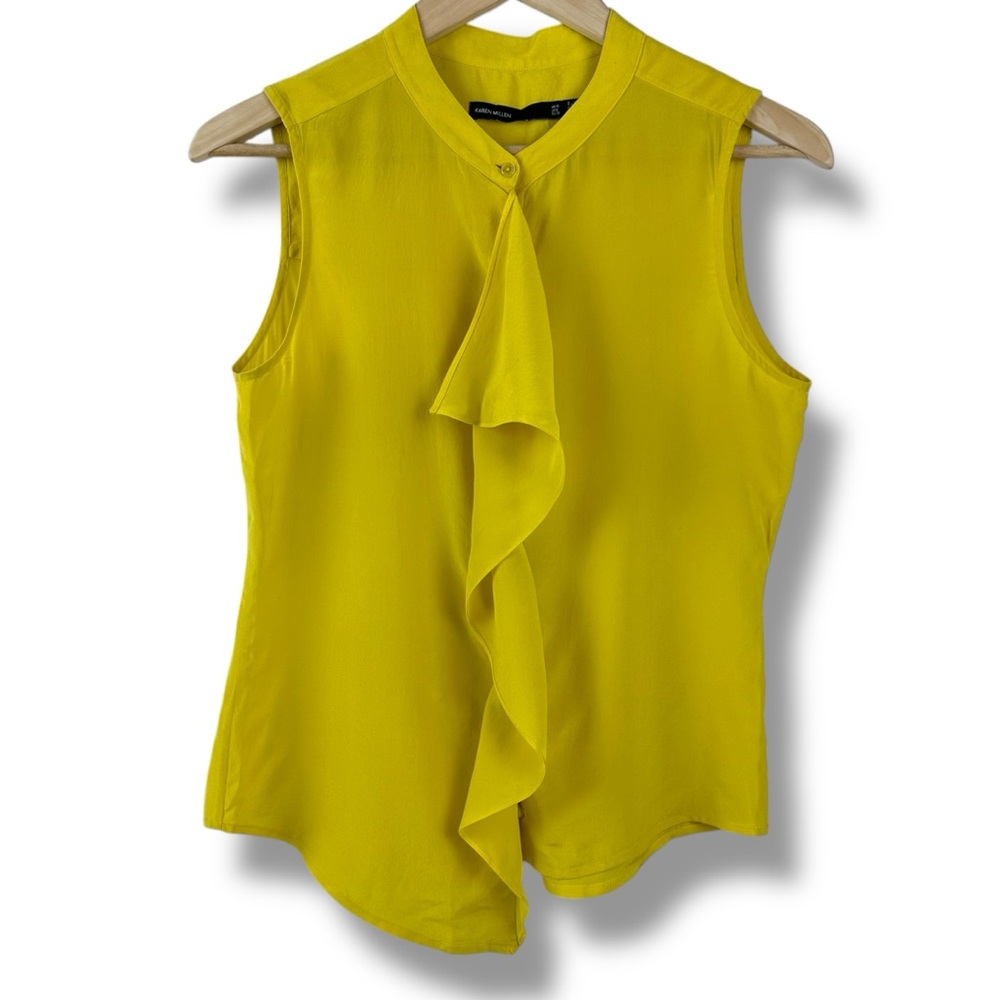 Karen Millen Sz 6 Ruffle Front Sleeveless Blouse Yellow Whimsical Office Spring
